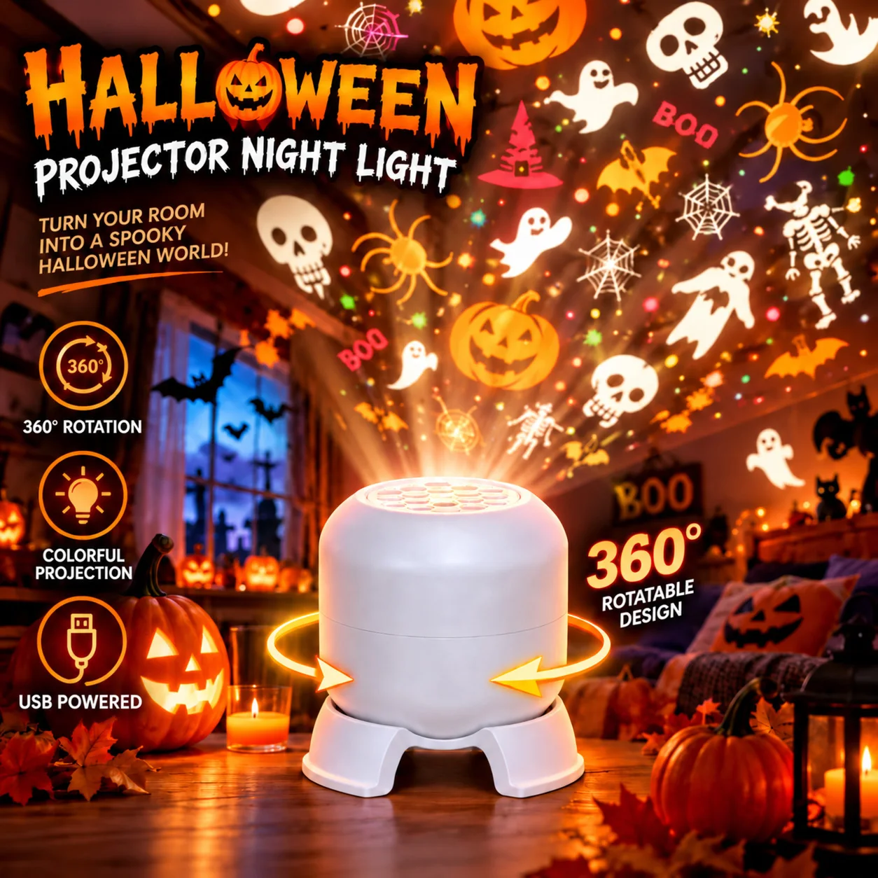 Projektor Halloweenowy LED z funkcją rotacji, zasilany przez USB, dynamiczne światło HD LED do dekoracji pokoju, sufitu, idealny na Halloween i Boże Narodzenie.