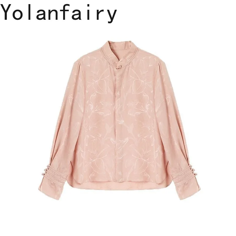 

YOLANFAIRY Light Luxury 100% Mulberry Silk Shirts Woman Spring Elegant 2025 Long Sleeve Shirts Top Pink Shirt Womens Clothes