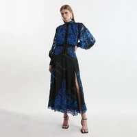 Vestidos de fiesta negros únicos personalizados, vestidos de noche de Color contrastante, vestidos de fiesta de boda de manga larga de encaje, longitud del té, abertura lateral