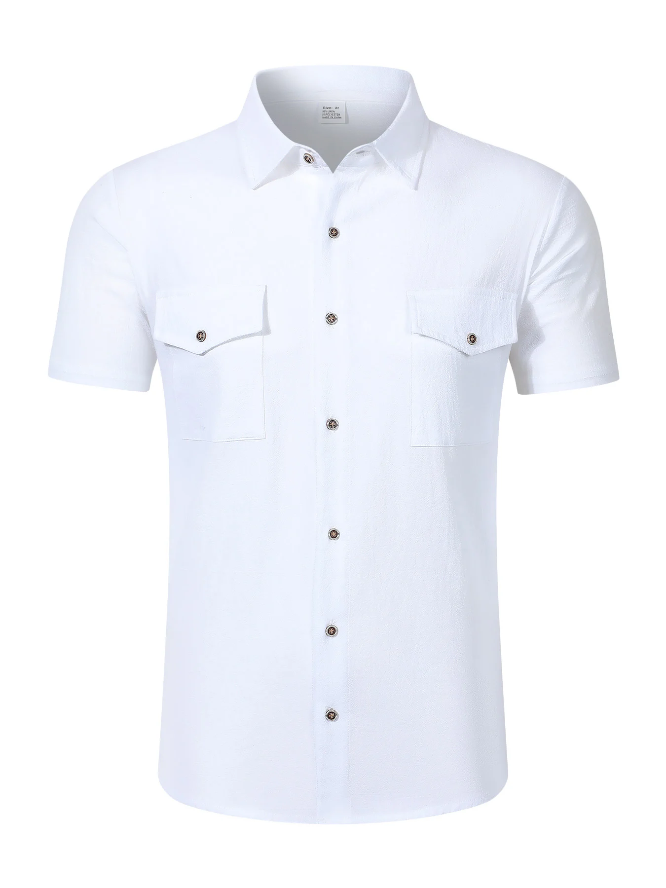 

Men's White Short Sleeve Shirt: Stylish Double Chest Pocket Design, Comfortable Linen Blend Fabric