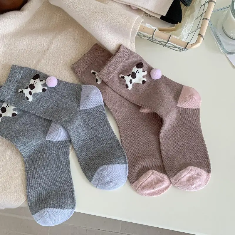 

1pair Cute Women Socks Puppy Socks For Women Animal Pattern Cotton Socks With Fur Ball Funny Mid-tube Socks Calcetines Mujer