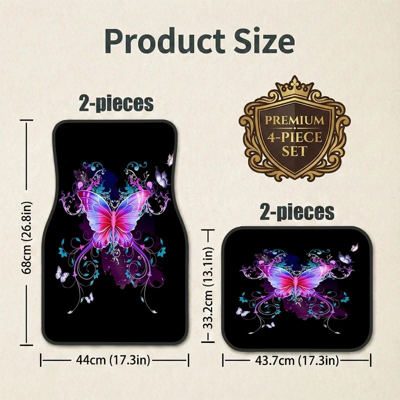 Set Of 4 Distinctive Butterfly Design Car Floor Mats, Perfect Present For Automotive Enthusiasts, Universal Compatibility, Long- 2