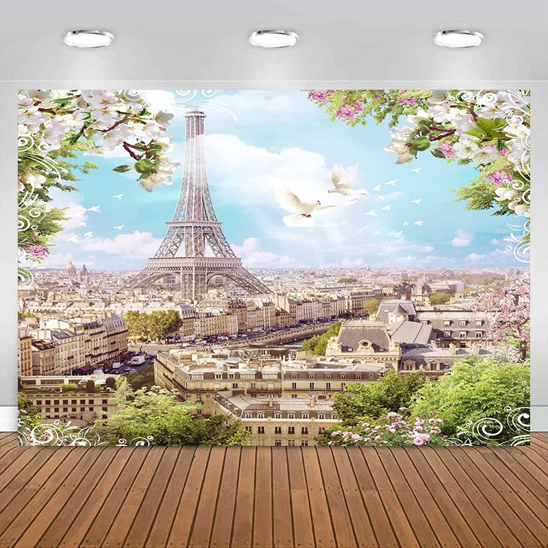 Paris Eiffel Tower Backdrop White Pink Flowers Trees Birds City View Background Wallpaper Wedding Birthday Party Girls Bride