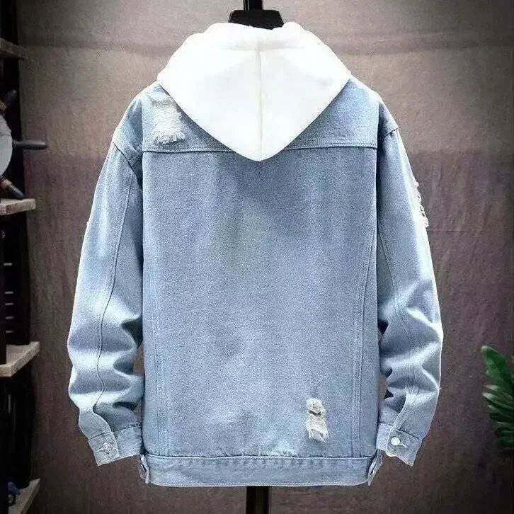 Men Denim Jacket  Ripped Hole Single Breasted Coats Spliced Outerwear Jackets Pockets Casual Loose Washed Distressed
