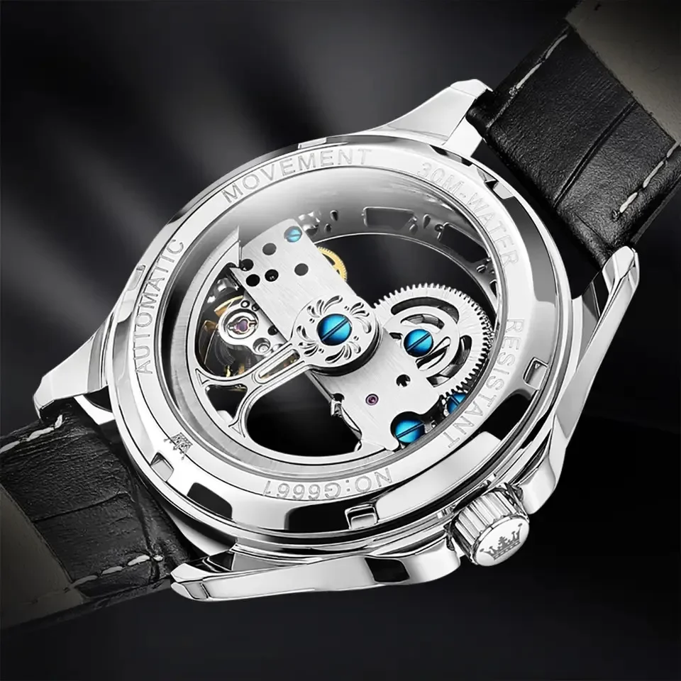 OLEVS Luxury Automatic Mechanical Watch for Men Skeleton Dial Leather Strap Waterproof Luminous Fashion Business Man Wristwatch