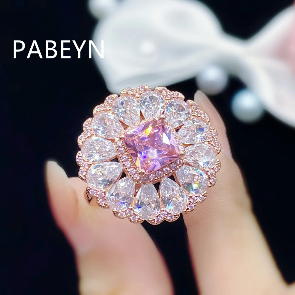 925 Sterling Silver Rose-Gold Zircon Ring Radiant Pink Center, Pear-cut Halo, Scalloped Pave Border Glamorous, Luxurious Jewelry