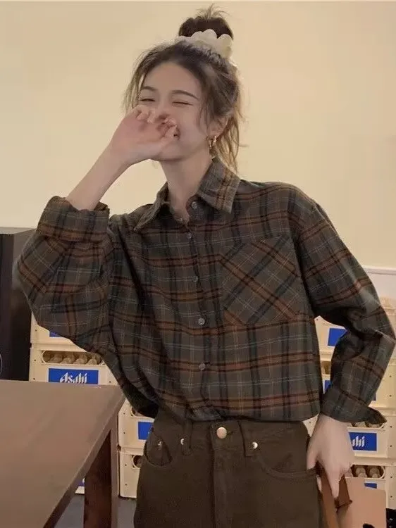 

Women's Plaid irt Fce Fini Layering Loose Fit Vintage Hong Kong Sle Spring Autumn Casual Versatile Long Sve Butto...