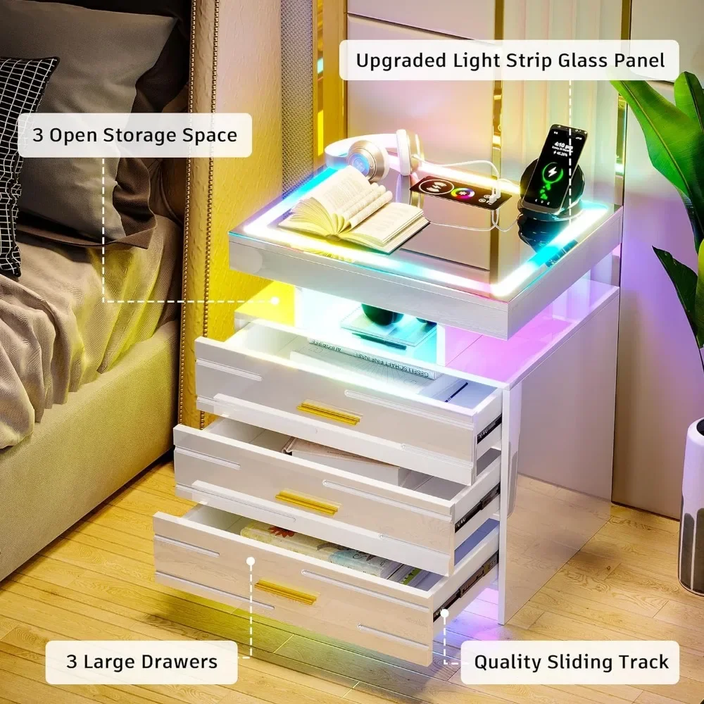 LED Nightstand with Wireless Charging Station & USB Ports, Modern Night Stand with 24 Color Lights, High-Gloss Bedside Tables