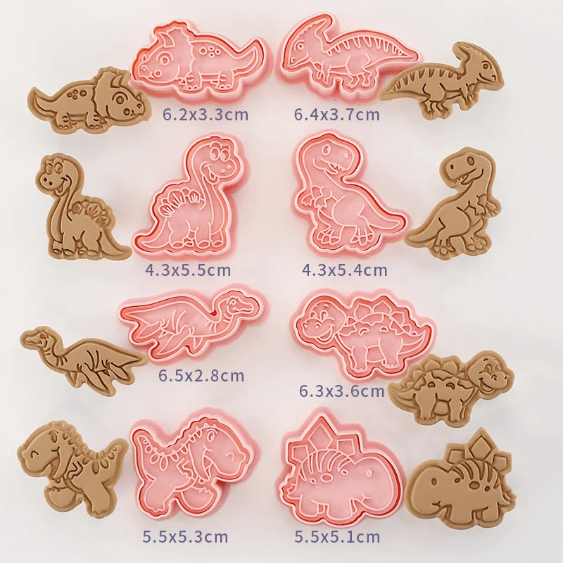 8 Pcs/set Cookie Cutters Plastic 3D Dinosaur Shape Cartoon Pressable Biscuit Mold Cookie Stamp Kitchen Baking Pastry Bakeware