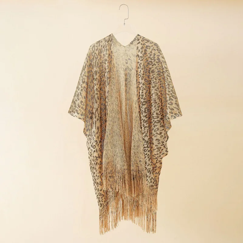 Women Leopard Print Tassel Open Front Cover Up Summer Sun Proof Outerwear European Vacation Casual Shawl
