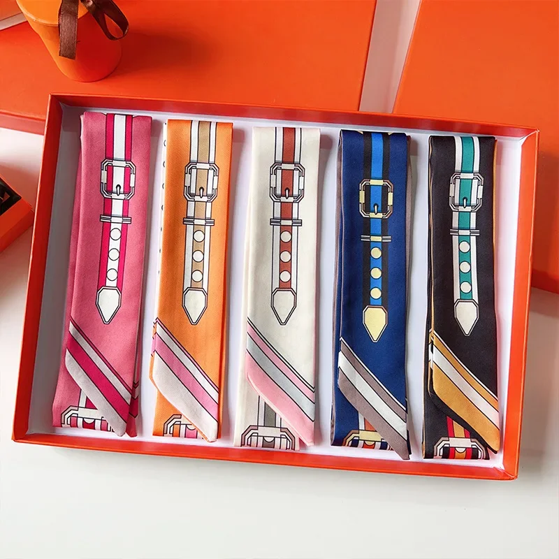 Bufanda de mujer, bufanda de seda delgada, diadema, cinturón, pañuelo con estampado de cadena, bolso con asa pequeña, cinta, pañuelo para la cabeza, bufandas y envolturas