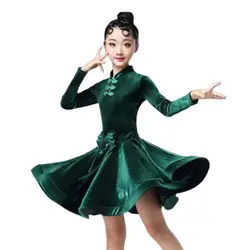 1pcs/lot chinese style children autumn winter long sleeve latin dancing dress girl corduroy ballroom dancing dress