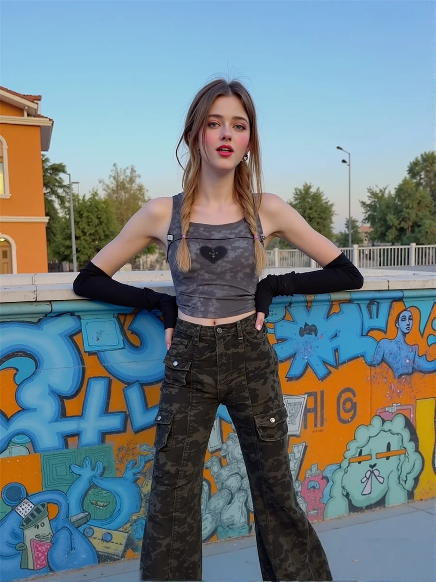 

Camouflage Slim Skinny Floor Jeans Womens Distressed Pleated High Waist Flared Leg Patchwork Vintage Baggy Embroidered Slim Fit