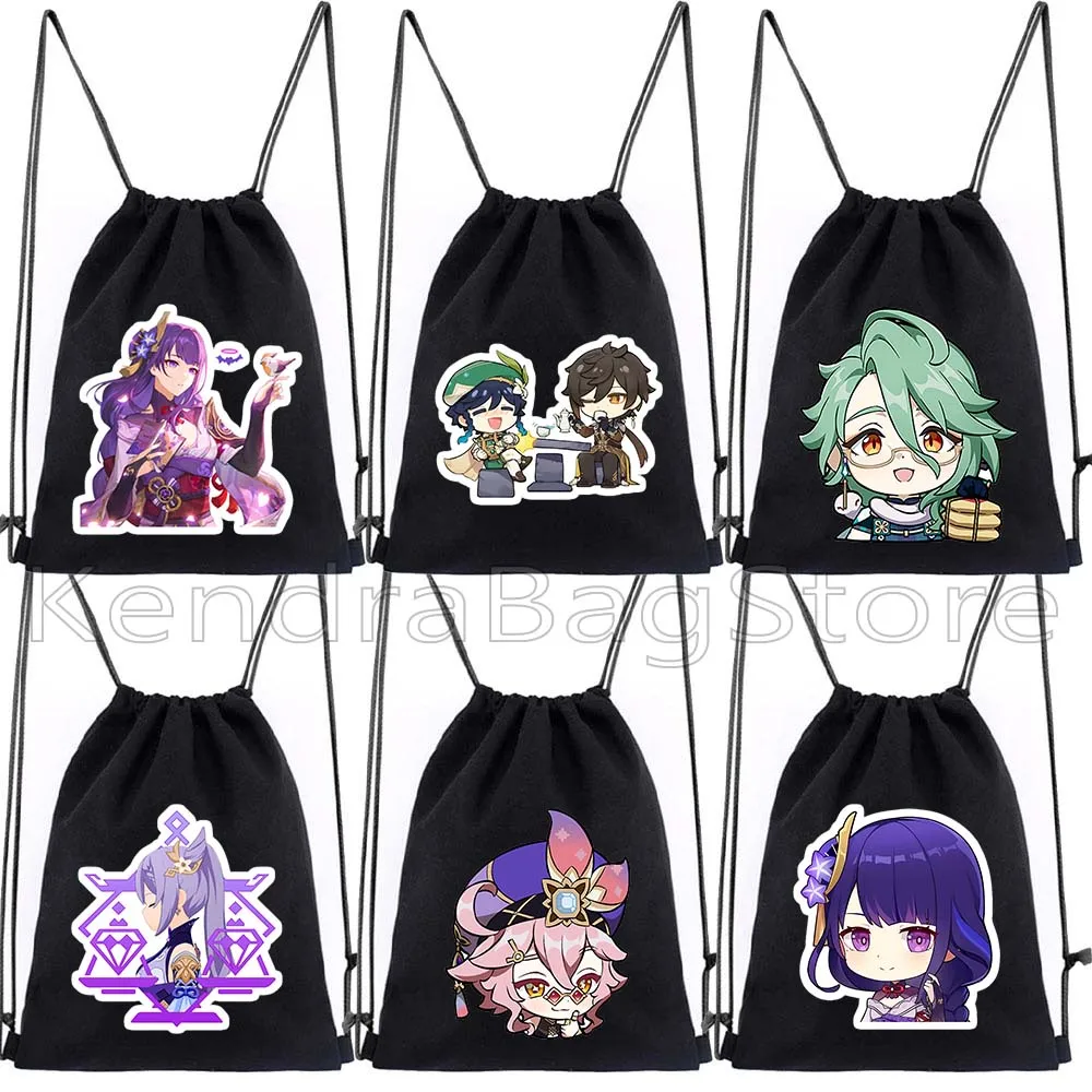 Chibi Genshin Impact Gift RAIDEN SHOGUN Xiao Baizhu Keqing KAEYA Dori Venti Zhongli Sayu Drawstring Bag Soccer Backpack Sackpack