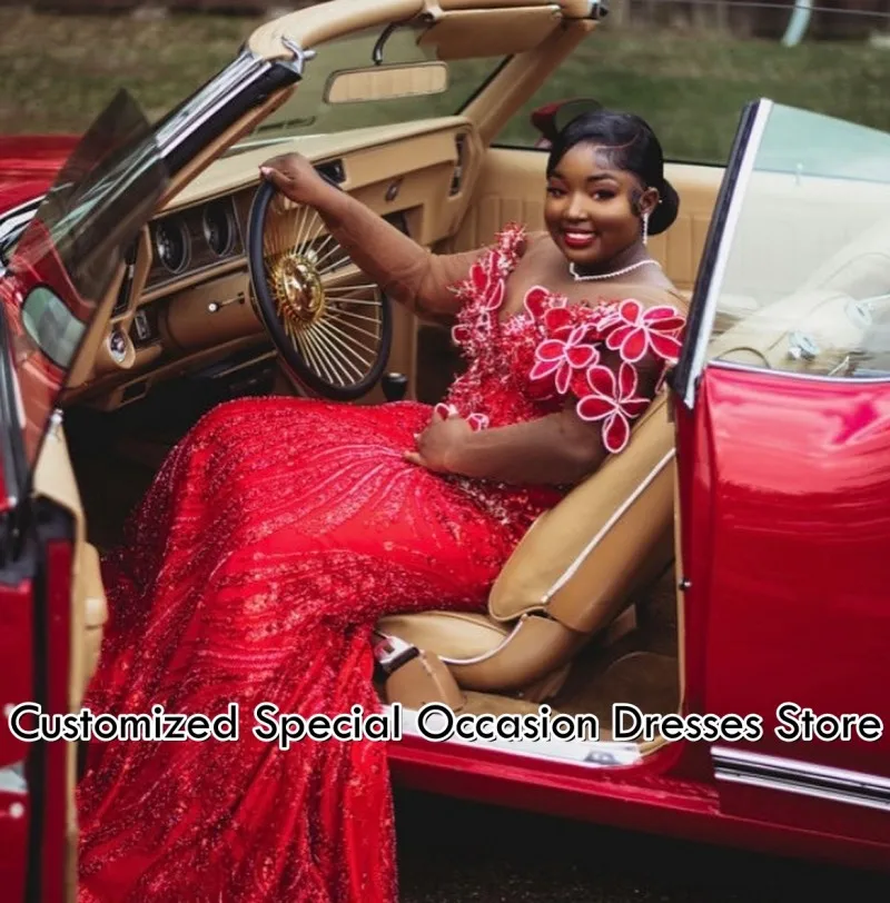 Sexy Red Prom Dresses 2026 V Neck Illusion Mermaid Party Dress Sequins Flowers Black Girls African Evening Gowns Customized