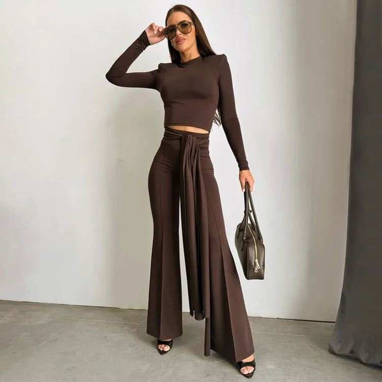Blifanbo Pantaloni lunghi causali autunnali Set da due pezzi Top slim a maniche lunghe da donna e pantaloni lunghi con lacci alla moda Set moda elegante