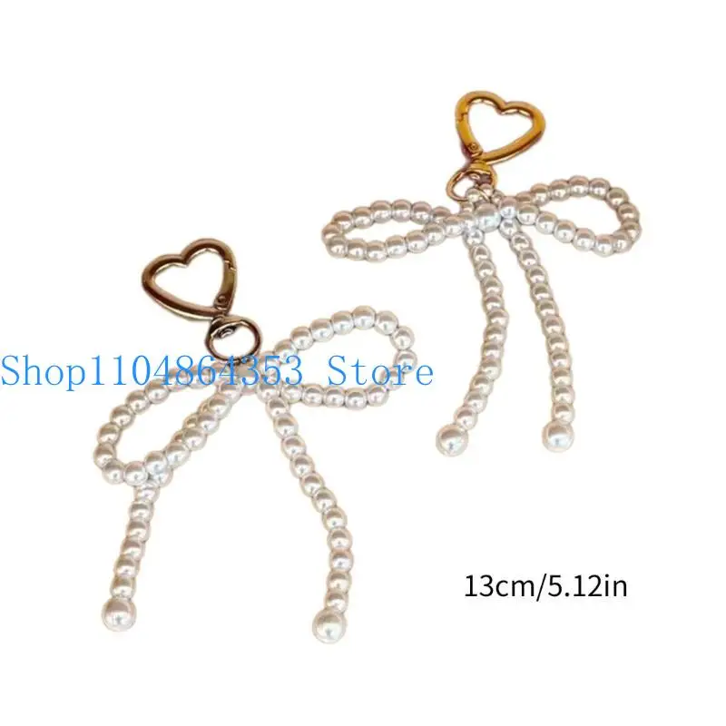652F Fashion Pearl Bowknot Heart Cheychain Decorations Keyring Hanging Ornament