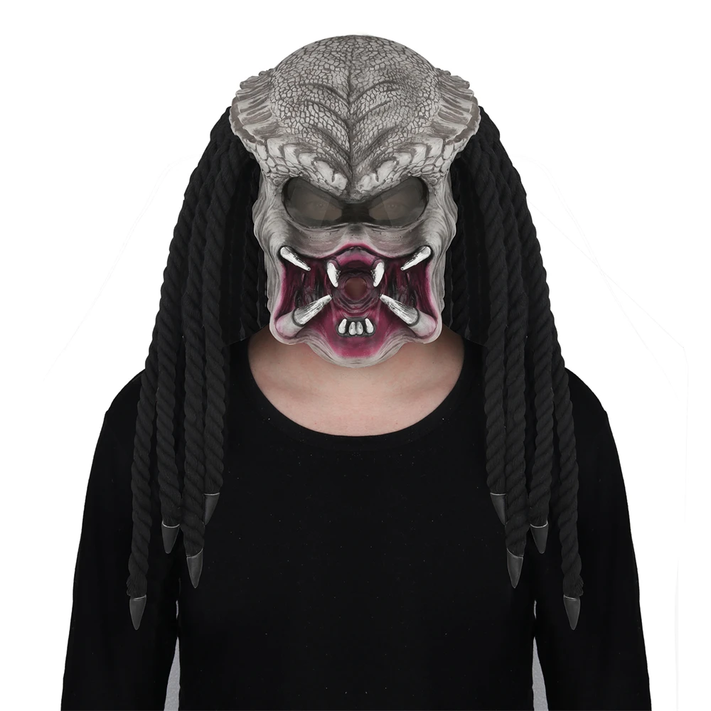 Predator Mask with Polyester Weaving Braids Horrific Monster Latex Headgear Halloween Costume Party Cosplay Prop