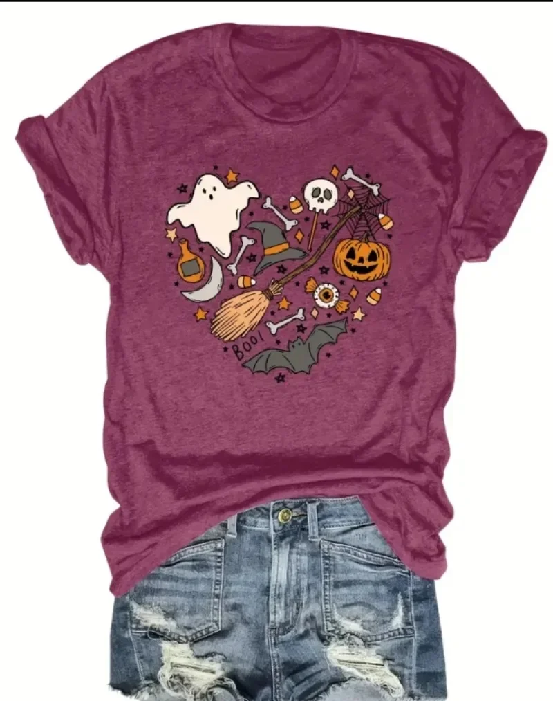 Damski nowy wygodny i prosty retro Halloweenowy wzór kreskówkowy z nadrukiem Casualowy top z krótkim rękawem i okrągłym dekoltem Plus Size