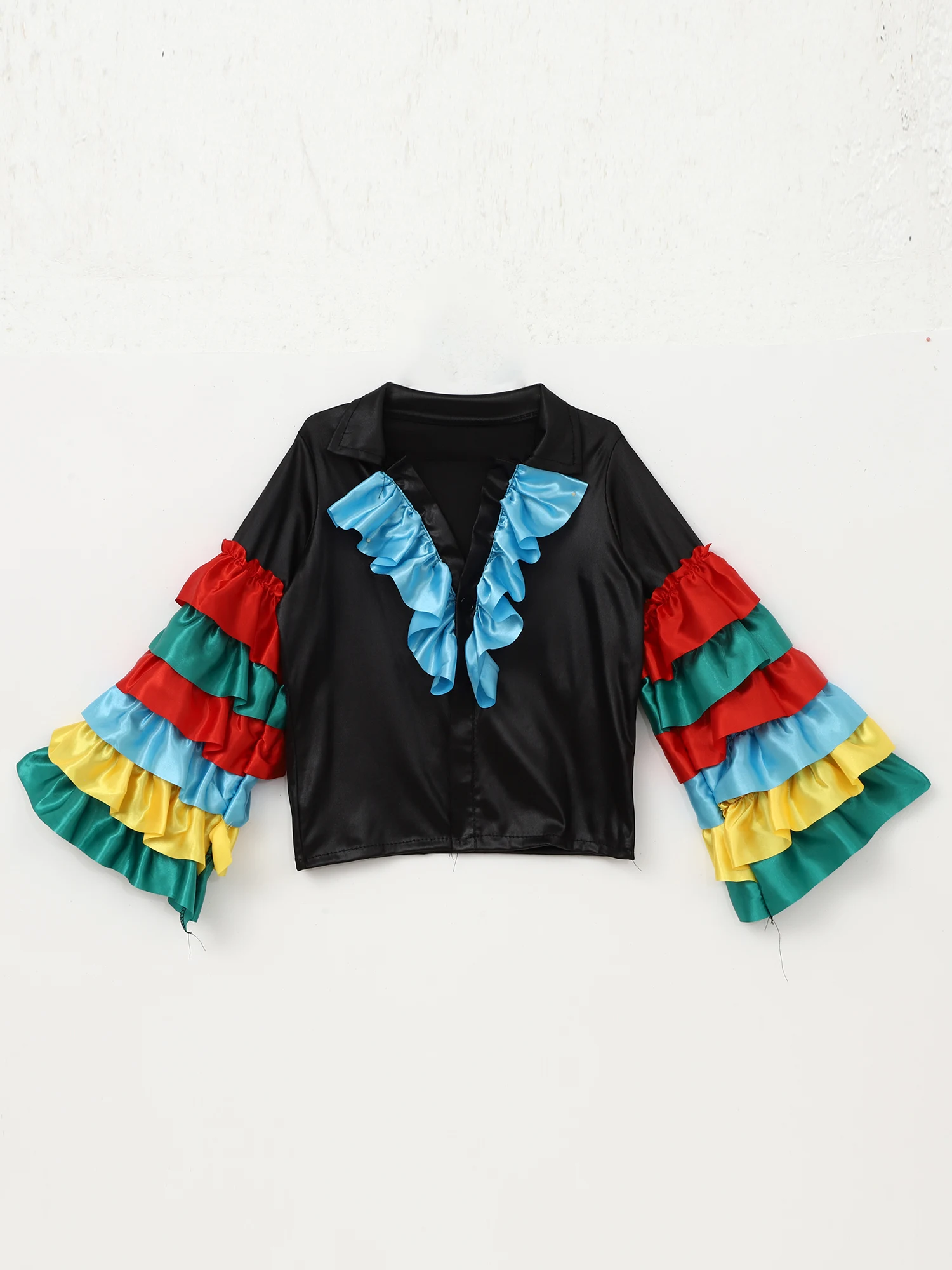 Kids Boys Spanish Flamenco Rumba Samba Dance Costume Layered Ruffled Sleeve Top with Pants And Waistbelt Mexican Performance Set