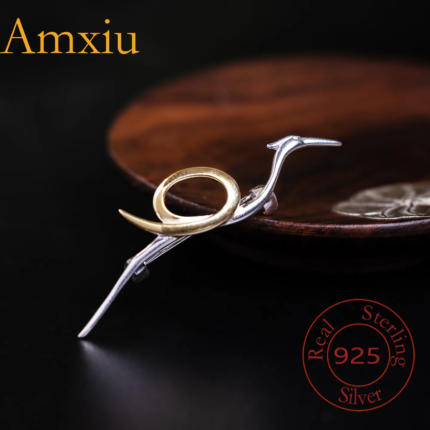 Amxiu Sterling Silver 925 Simple And Fashionable Silver Design Flying Crane Brooch Unisex Bird Collar Pin Jewelry