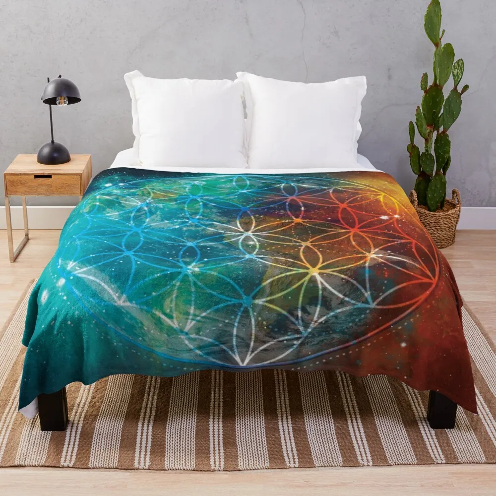 Sacred Earth and The Flower of Life Symbolin Space Throw Blanket crochet blanket queen size