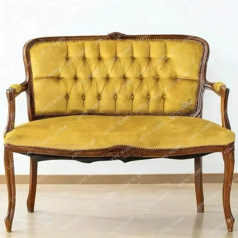 retro solid wood sofa chair velvet buckle carved back chair casual