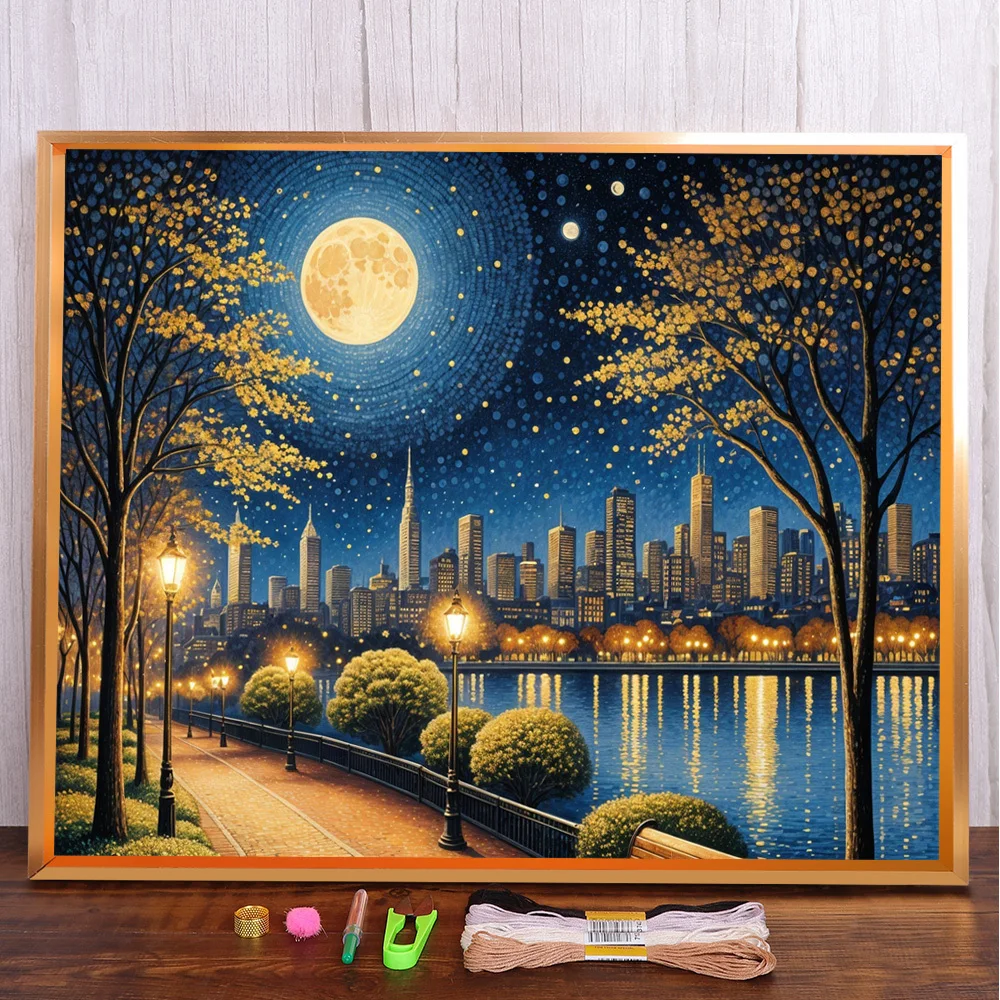

Landscape City Night Printed Fabric Cross-Stitch Embroidery Complete Kit Handiwork Hobby Needlework Painting Gift Jewelry Magic