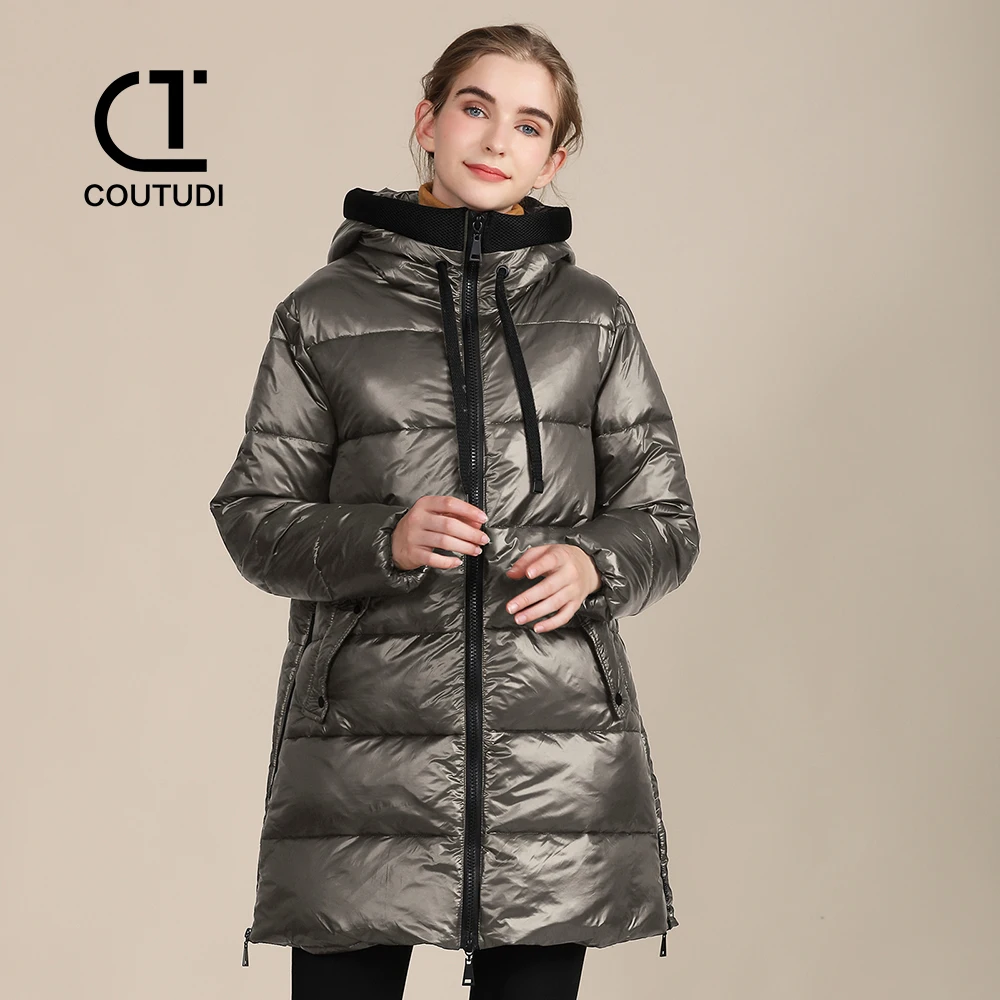 COUTUDI-Long Down Jacket for Women, Zipper Pocket, Hooded, Casual, Long Sleeve Parkas, Thick, Warm Coat, Winter Fashion, New