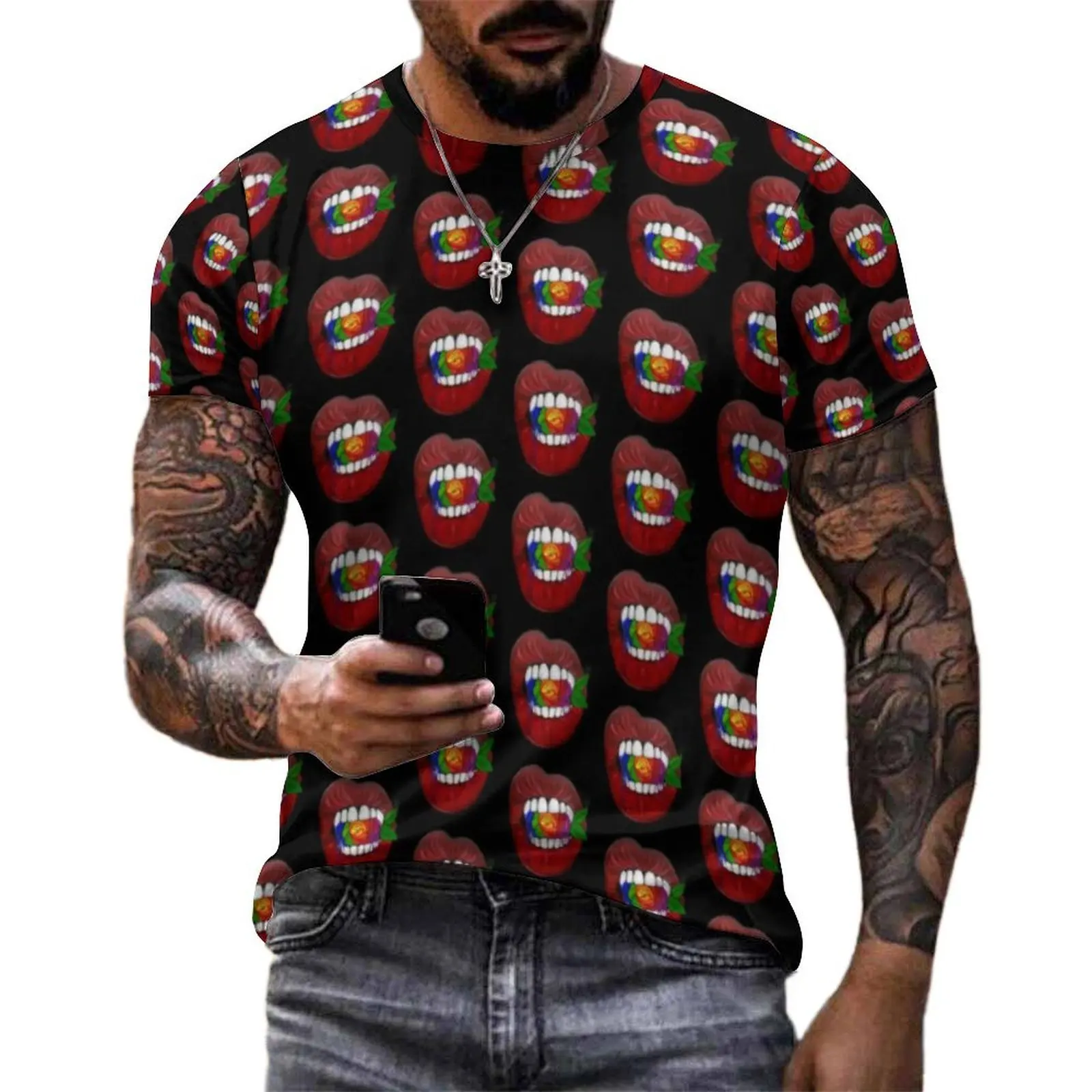 Oversize T-Shirt Original Vampire Lips T Shirts Rainbow Rose Funny O-Neck Tshirt Male Hippie Graphic Top Tees