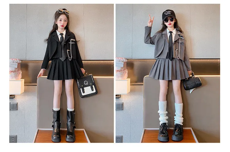 Schuluniform-Set für junge Mädchen im JK-Stil, einzigartige formelle Jacke mit Kette und plissiertem Rock, 2-teiliger Blazer-Anzug für Schulkinder. – Detail 2