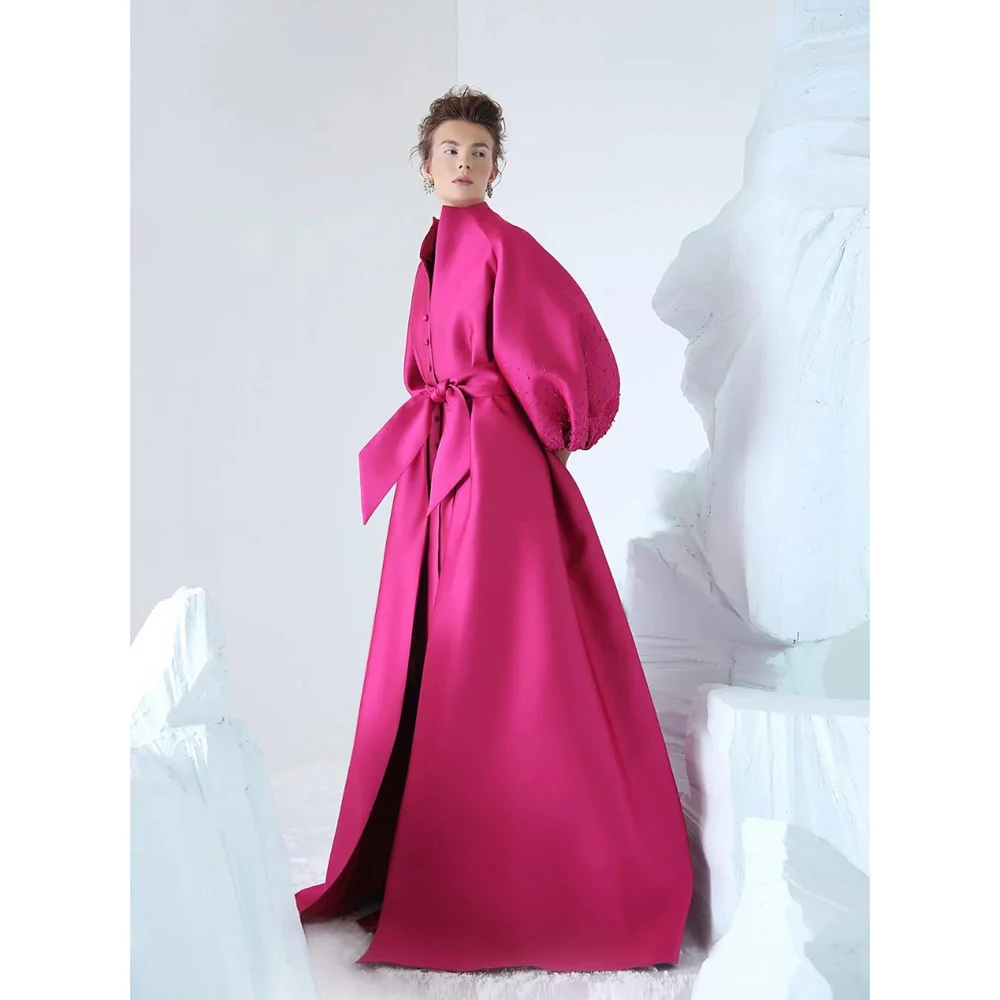 Special Designed 2023 Spring Prom Gowns Flare Sleeves Pleated Fuchsia Formal Dresses Beading V Neck Abiye robe de soiree