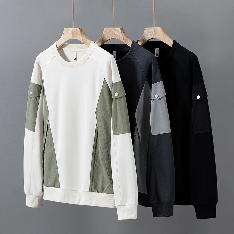 2025 Spring Men Sweatshirts Pockets Patchwork Streetwear Oversized 6XL 7XL 8XL Big Size Long Sleeve Loose Pullover Sportswear
