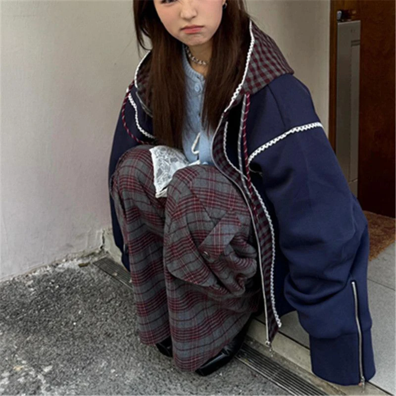 여성 레이스 지퍼 후드티 체크 패치워크 페이크 투피스 스트리트웨어 스웨트셔츠 봄 빈티지 Y2K 하라주쿠 스포츠 후드 코트
