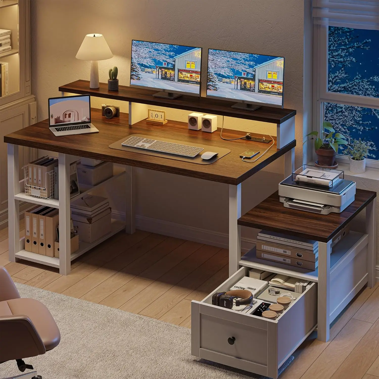 60.4' White Computer Desk with Drawer, LED Light, Monitor Stand & Power Outlet – Farmhouse Study Desk for Home Office