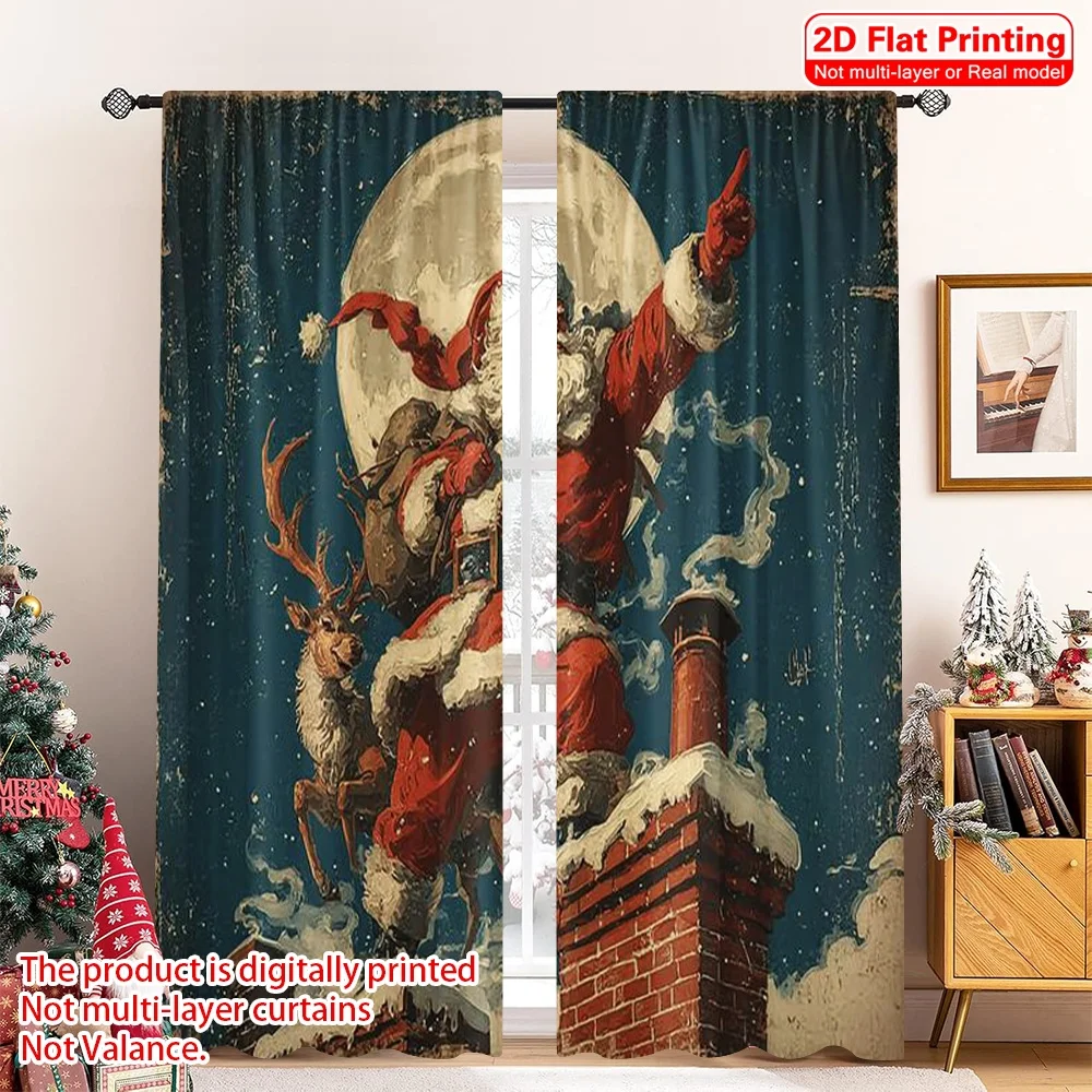 

2pcs 2D flat printing Merry Christmas Window Curtains Santa Claus Fabric Without Electricity Festive Holiday Perfect for Living