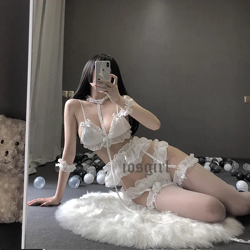 Erotic Lingerie Underwear Set Women Sexy Ruffles Three Point Sweet Intimate Lace Babydoll Soft Black Pajamas Cosplay Costumes