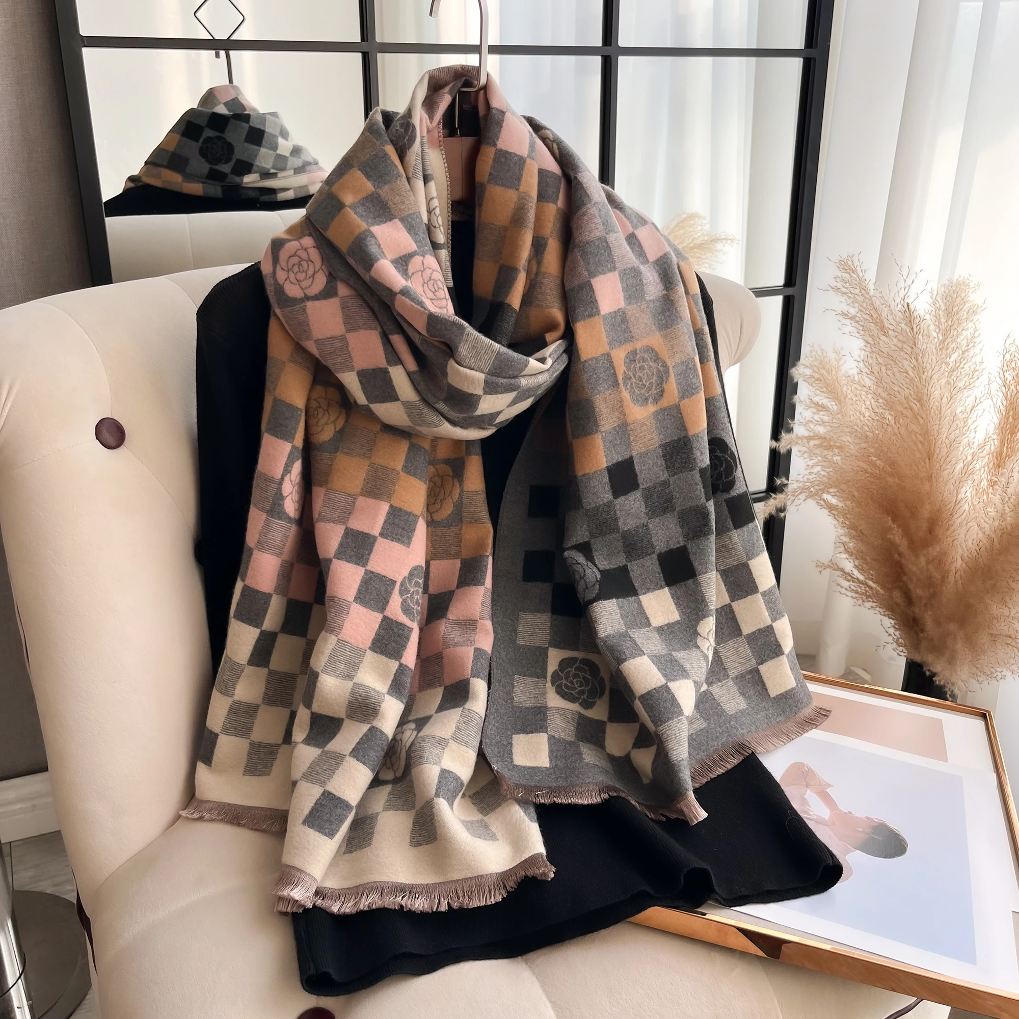 Latest Brand Design Thickened Double-sided Warm Scarf Imitation Cashmere Short Beard Shawl Autumn Winter Coldproof Female Scarf