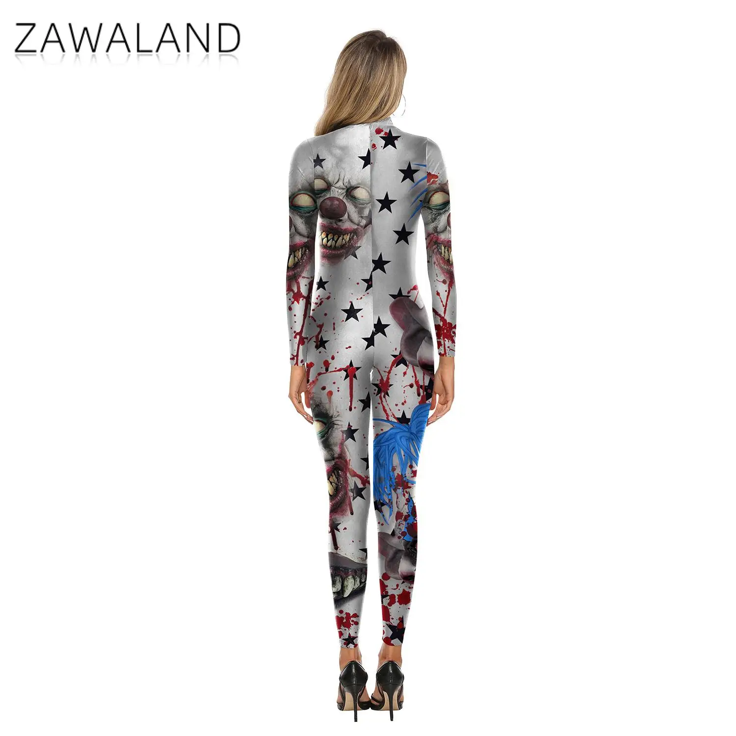 Zawaland-Disfraz de payaso con estampado 3D para mujer, mono Sexy elástico ajustado de manga larga, monos completos para adultos, trajes Zentai