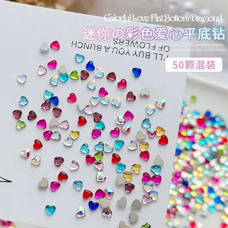 50 SZTUK 3MM Płaskie Ozdoby do Paznokci w Kształcie Serca, Cyrkonie, Elementy do Manicure, Akcesoria do Dekoracji Paznokci, Materiały