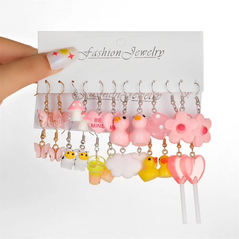 17KM Colorful Cartoon Cute Dangle Earring Set for Women Girls Fashion Purple Pink Butterfly Flower Earrings  New Trendy Jewelry