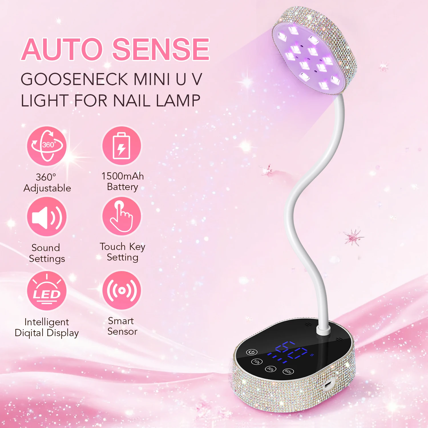 DianaBeauty Lampada per unghie a LED UV Asciugacapelli ricaricabile con strass argento con touch screen e 3 impostazioni timer Sensore automatico