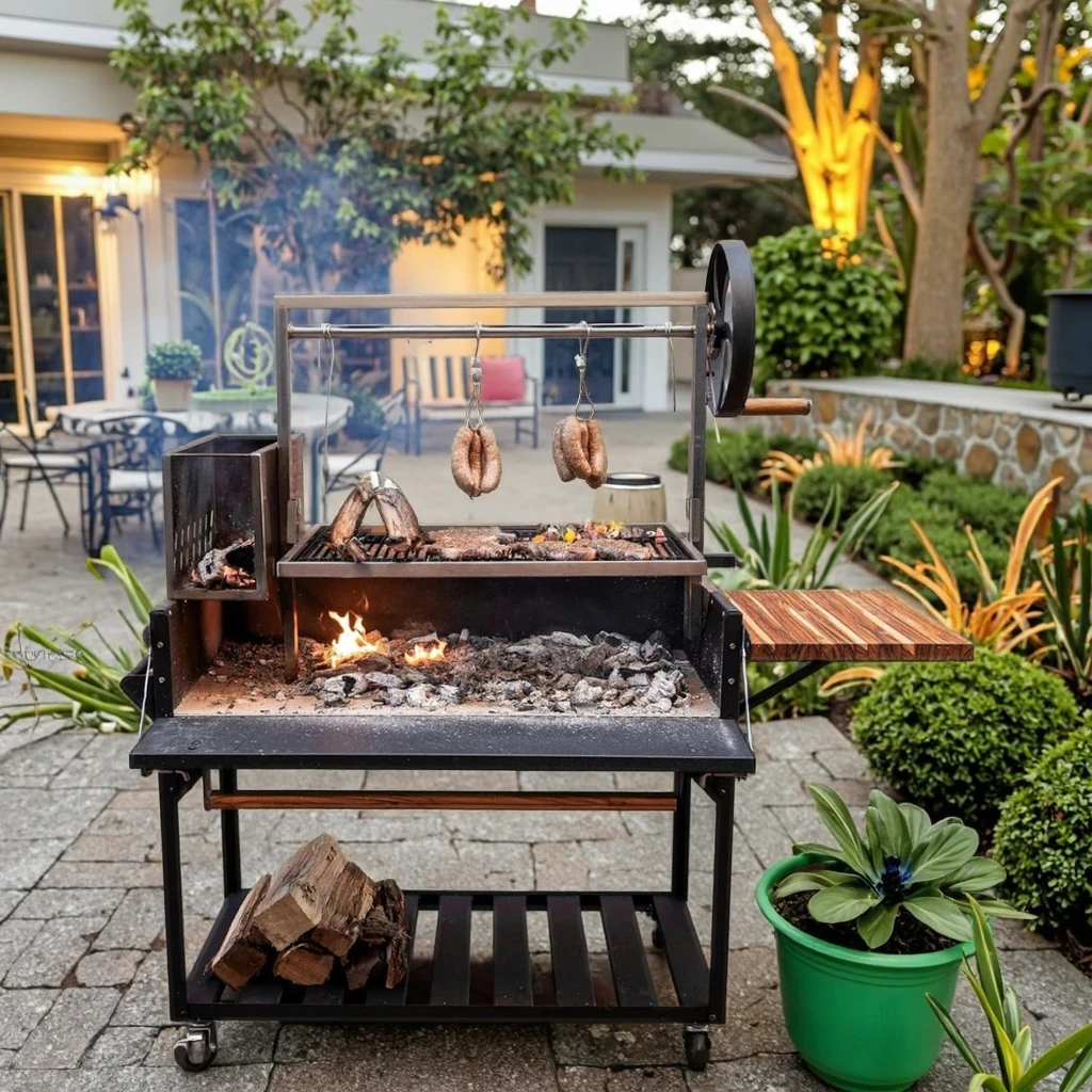 

STLFDiscovery Argentine Santa Maria Wood Fire Charcoal BBQ Grill Luxurious High Folding Steel Trolley Adjustable Metal