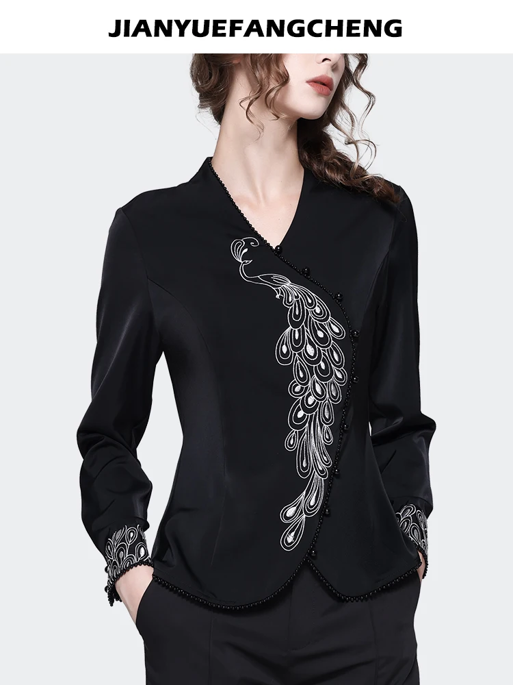 Fashion Peacock Embroidery Women Irregular Shirt 2023 Autumn Long Sleeve V-Neck Ladies Top Beaded Elegant Slim Casual Shirts