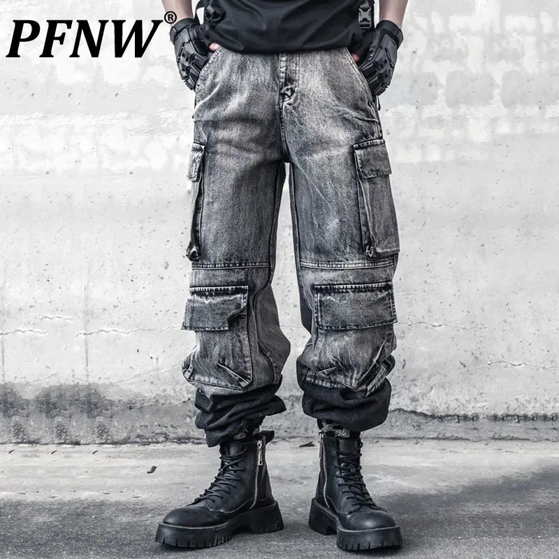 

PFNW New Autumn Men's Jeans Loose Washed Multi Pockets Straight Wide Leg Contrast Color Drawstring Male Denim Pants 2024 12C972