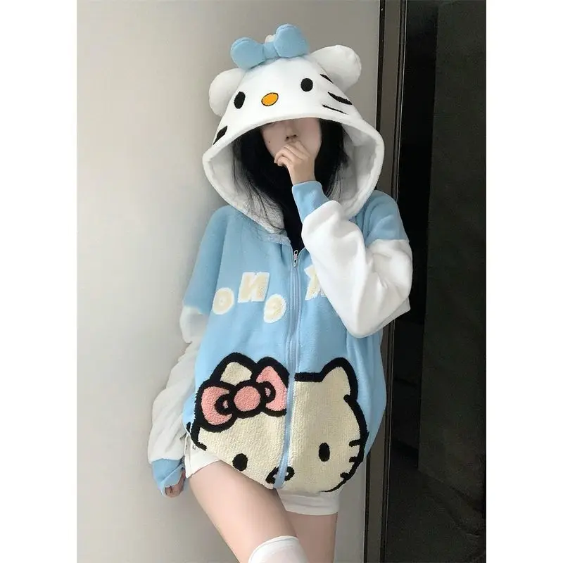 Cartoon Sanrio Hello Kitty Cute Hooded Sweatshirt Autumn and Winter Polar Fleece Zipper Jacket Loose Couple Model Sweatshirt