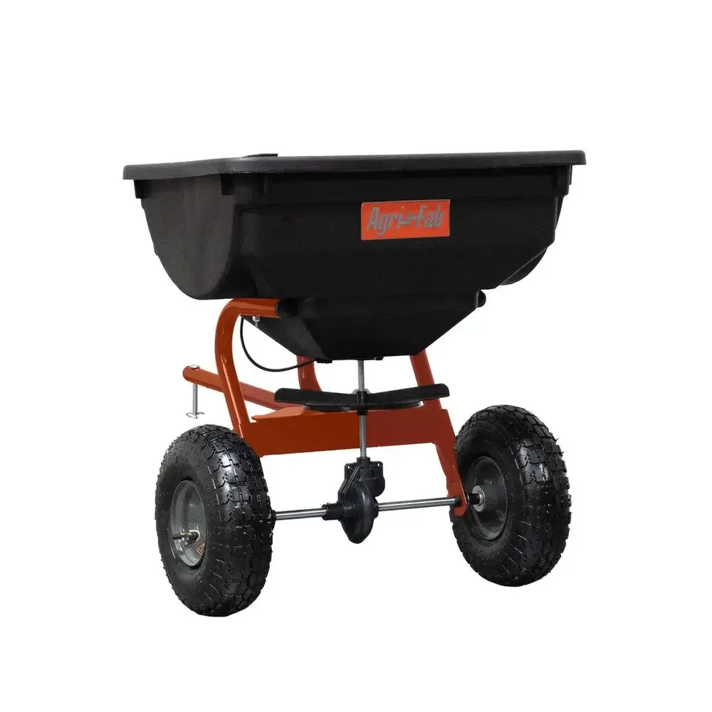 85 lb Tow Broadcast Spreader 10ft Spread Width 10 Inch Pneumatic Tires Cable Flow Control Durable Alloy Steel Portable Lawn