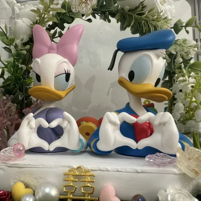 12cm Disney Anime Figure Loves Donald Duck and Daisy Heart Half Bust Stylish Handwork Cartoon Mode  room Decoration Maiden gifts