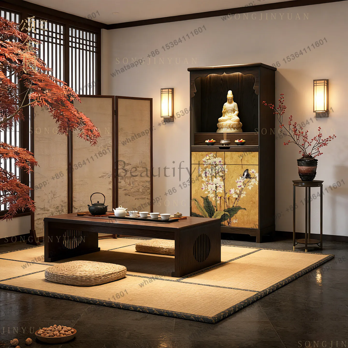 LXorchid butterfly auspicious solid wood Buddhist niche cabinet, living room Guanyin God of Wealth worship cabinet