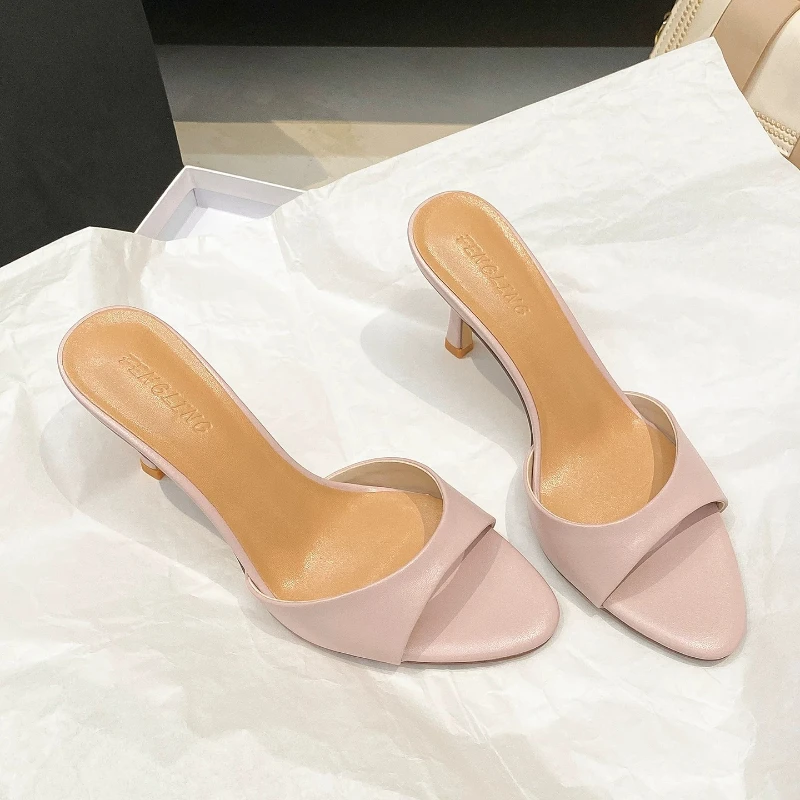Summer Round Head One-word Drag Women's High Heel Thin Heel Temperament Versatile Open-toed Half Slippers